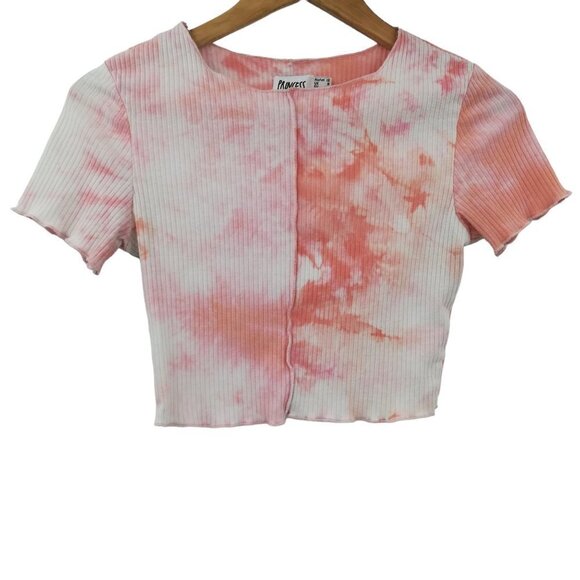 Princess Polly Tops - Princess Polly Tie Dye Pink Ribbed Knit Crop Top Size 8 Short Sleeve Shirt White